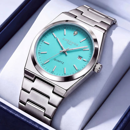 Reloj de cuarzo para hombre CHRONOS: correa de acero inoxidable, resistente al agua, agujas luminiscentes, indicador de fecha. Ideal para el trabajo, el deporte o el día a día.