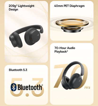 Baseus kabellose Bluetooth 5.3 Over-Ear-Kopfhörer – HiFi-40mm-Treiber, faltbares Headset mit 70H Wiedergabezeit und Spatial Audio