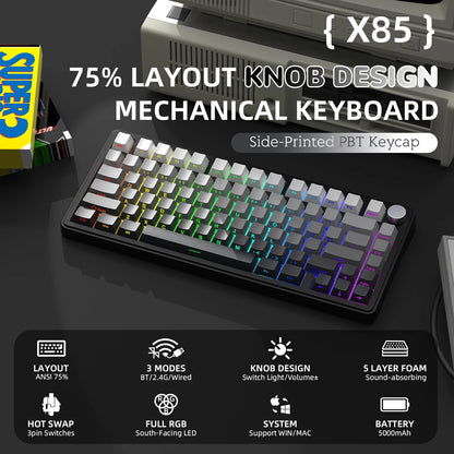 Teclado mecánico ATTACK SHARK X85 Tri-mode Gasket 75% con perilla CNC, acolchado de 5 capas, hot-swappable, retroiluminación RGB y NKRO