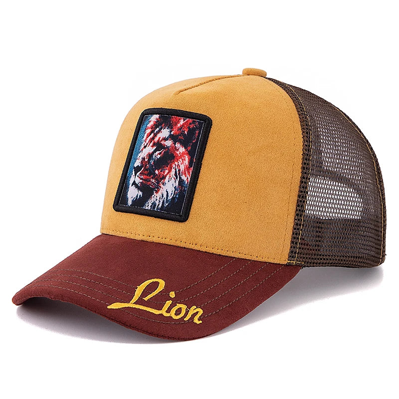 Gorra de malla unisex con parche con diseño de león, de ante, para mujer y hombre, gorra de béisbol de verano con motivos animales, gorra de camionero de moda