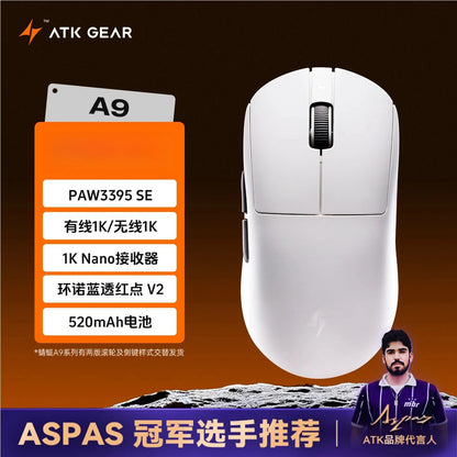 ATK Dragonfly A9 Wireless Bluetooth Mouse Gaming Ergonomic Design Fast Response PAW3950 Ultra 800mAh Lightweight 8KHz esports