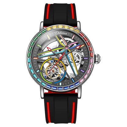 Montre squelette pour homme, style mode, ornée de pierres précieuses aux couleurs de l'arc-en-ciel, dotée d'un tourbillon; montre mécanique automatique de luxe, étanche jusqu'à 30 mètres.