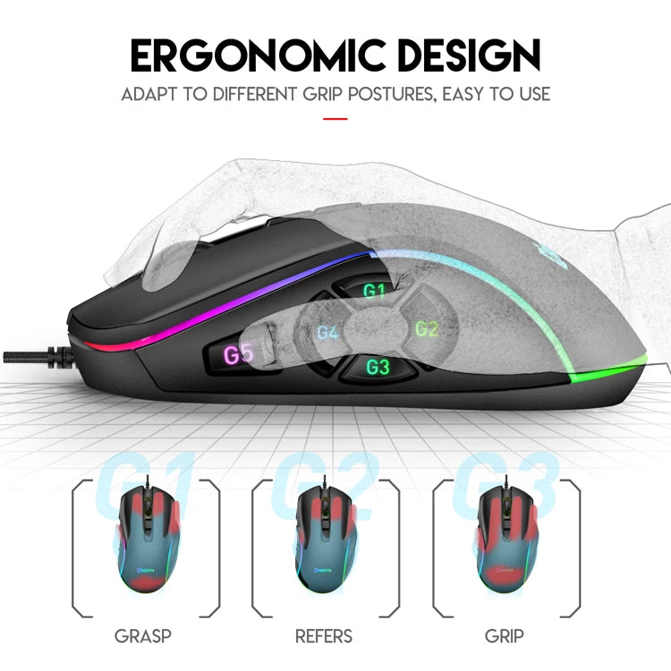 Mouse cablato da gaming e ufficio 7200 DPI con retroilluminazione RGB, 6 livelli DPI regolabili, 10 pulsanti programmabili e pulsante per tornare al desktop