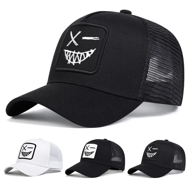 Unisex X-baseballpet met geborduurde lachende gezichtjes en tanden – Lente/zomer – Outdoor-zonnehoed – Verstelbare casual truckerpetten