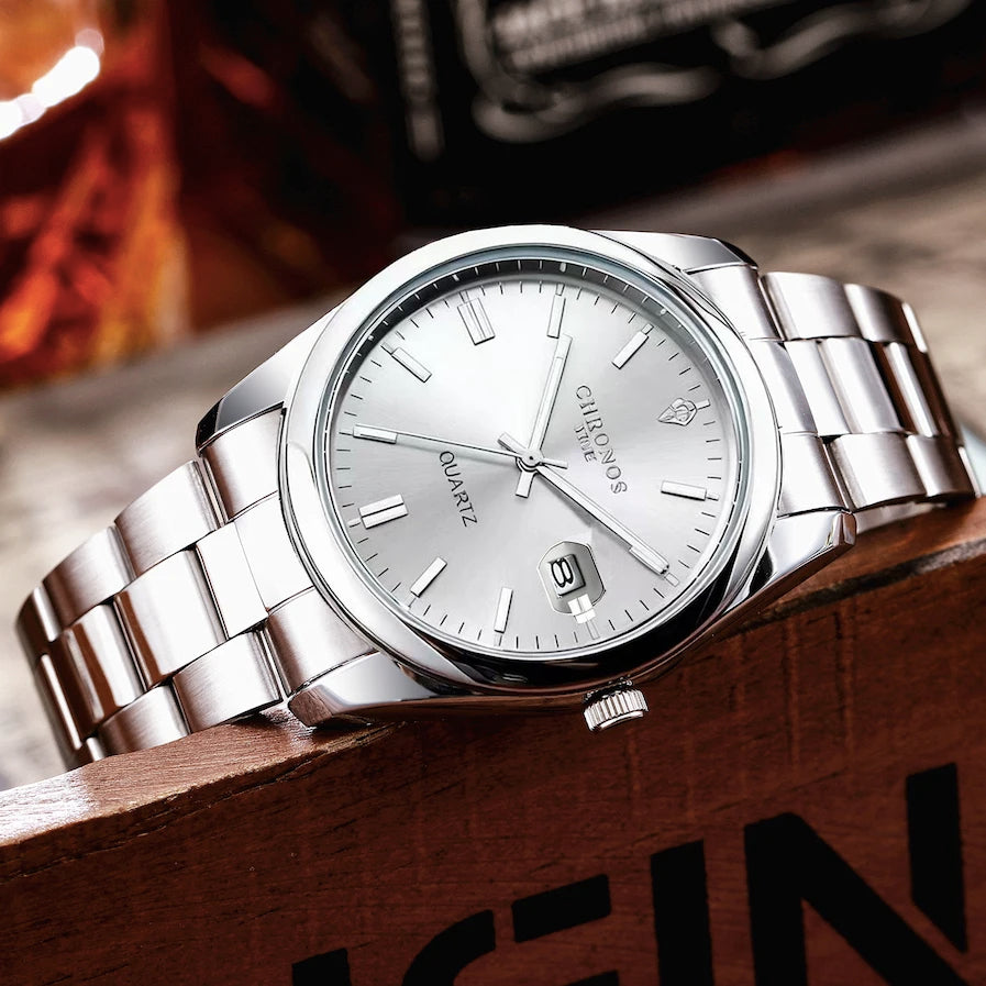 CHRONOS herenpolshorloge – Luxemerk, waterdicht, verlicht, met datumweergave, van roestvrij staal, met quartz-uurwerk.