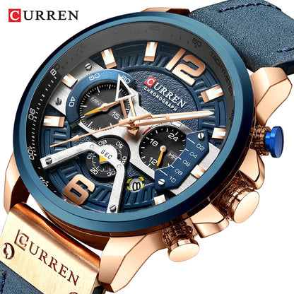Ceas pentru bărbați CURREN 8329 – Stil sportiv casual, design militar, curea din piele, cronograf la modă, ceas de lux de la o marcă renumită
