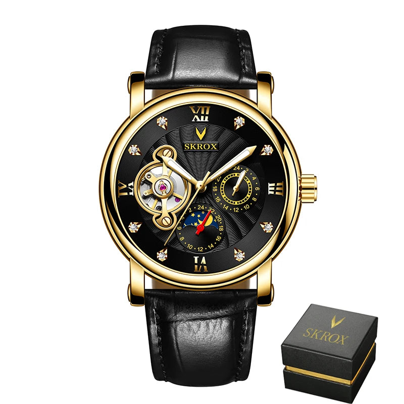 Montre mécanique automatique de luxe pour homme, signée par une grande marque, dotée d'un tourbillon, d'une phase de lune et de diamants – une montre-bracelet élégante.