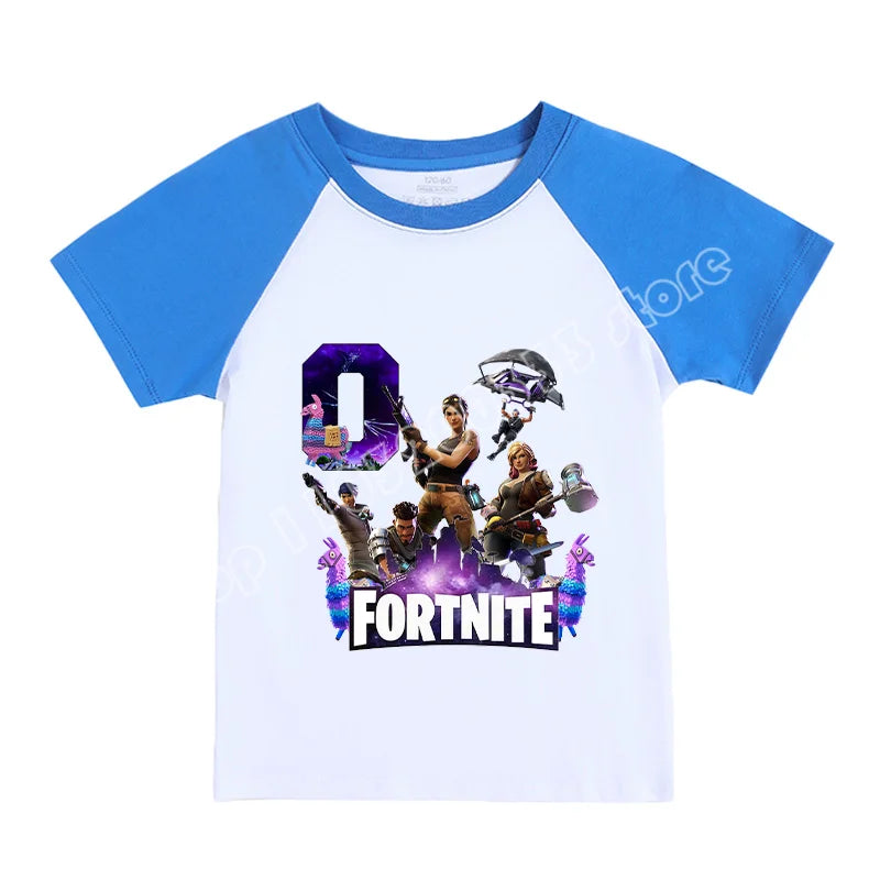 T-shirt infantil Fortnite Números 0-9, estampado cartoon de jogo, algodão puro, manga curta, top desportivo casual para menino e menina, presente de vestuário