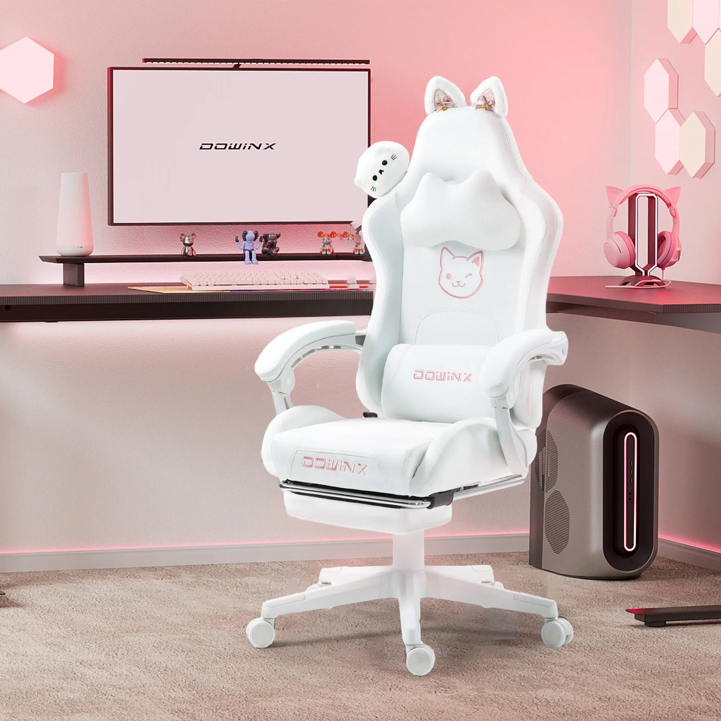 Cadeira Gaming Kawaii Cor-de-Rosa com Orelhas de Gato, Apoio para os Pés, Encosto Alto Ergonómico e Apoio Lombar com Pata de Gato