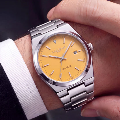 Reloj de cuarzo para hombre CHRONOS: correa de acero inoxidable, resistente al agua, agujas luminiscentes, indicador de fecha. Ideal para el trabajo, el deporte o el día a día.