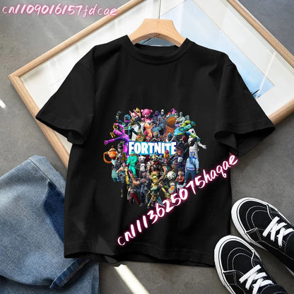 Fortnites Kids Black Cotton T Shirt Fortress Night Baby Short Sleeve Tees Shirt Cartoon Boy Girl Summer Clothes Kawaii Tops Gift