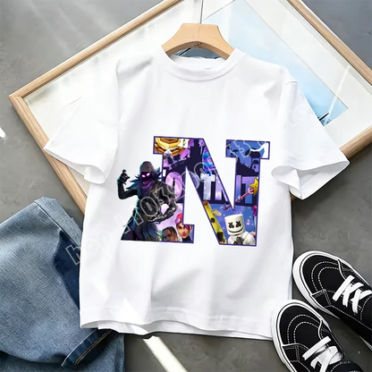Μπλουζάκι Fortnite με στάμπα αλφαβήτου A-Z για παιδιά, καλοκαιρινό, λευκό, δημοφιλές cartoon game, casual κοντομάνικο τοπ μόδας, ιδανικό για δώρο
