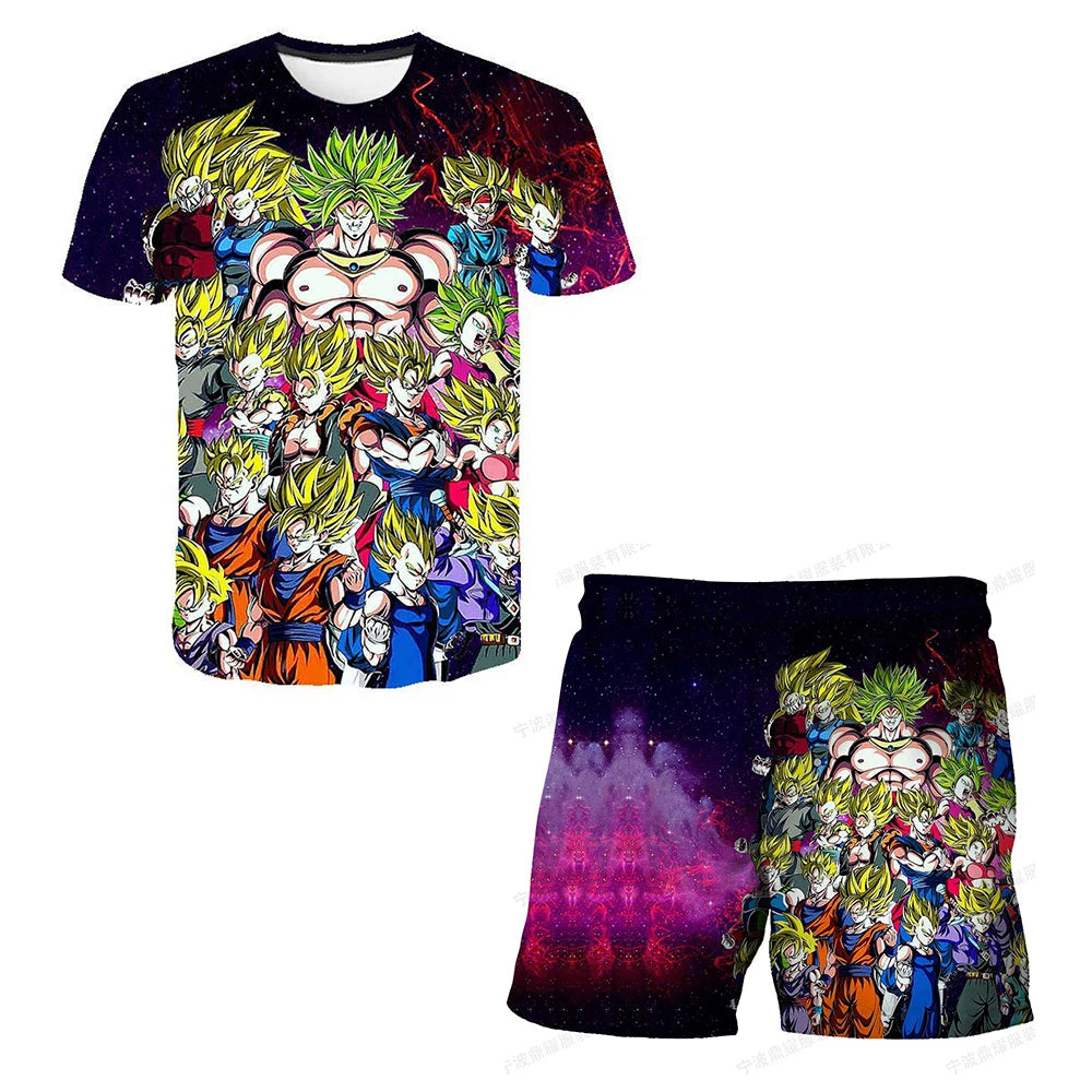 Japanese cartoon Dragon Ball Z T-shirt children's top T-shirt shorts two-piece set for summer boys T-shirt+shorts beach pants