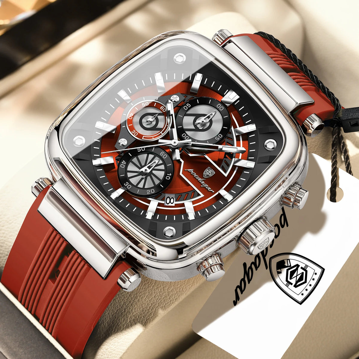 POEDAGAR Square Sport Man Wristwatch Date Waterproof Luminous Chronograph Watch For Men Silicone Strap Men's Quartz Watches Male