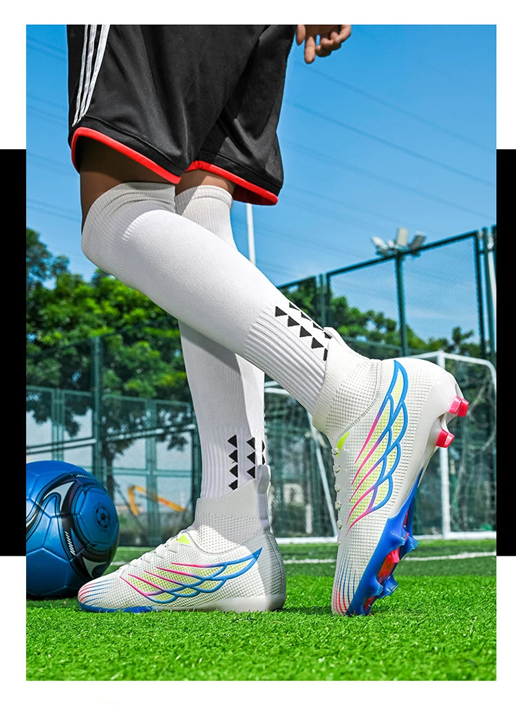Chaussures de football à crampons TF pour terrain synthétique, modèle à tige haute et coupe ajustée, chaussures de football à lacets avec empeigne respirante en tissu, semelle en caoutchouc antidérapante et durable, ch