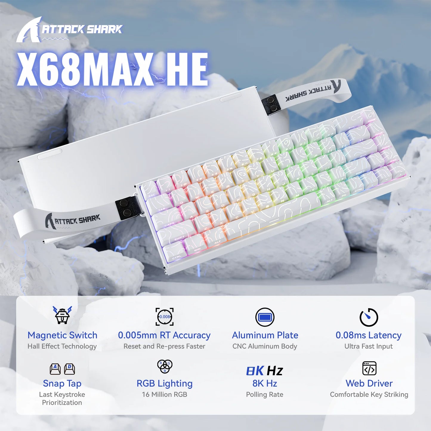 Teclado de aluminio ATTACK SHARK X68MAX HE Rapid Trigger con interruptores magnéticos 60% con cable, teclado magnético 8KHz con precisión RT de 0.005mm