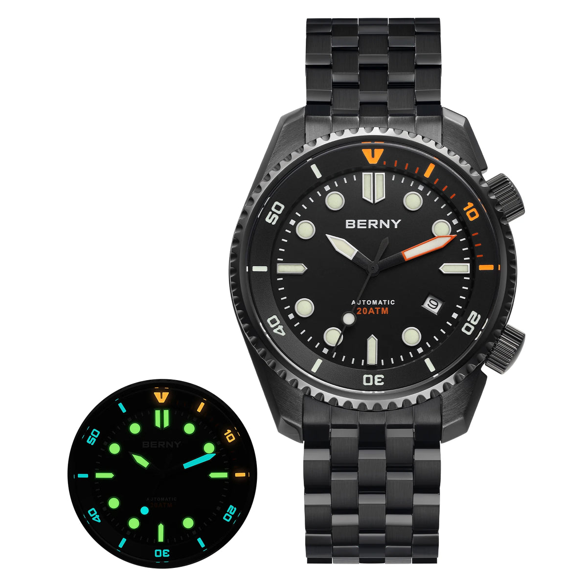 BERNY 20ATM Automatic Men's Watch Diver Sports Diving Watches Luxury Sapphire 316L Stainless Steel Mechanical Waterproof Watches