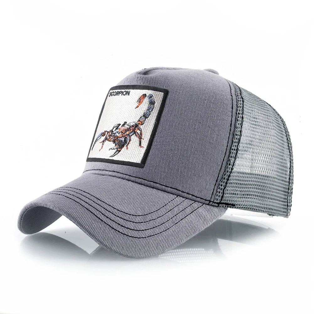 Unisex-trucker-lippalakki, jossa on brodeerattu skorpionimerkki. Miesten baseball-lippalakki, naisten snapback-lippalakki, hiphop-lippalakki, ulkoiluun sopiva hengittävä lippalakki
