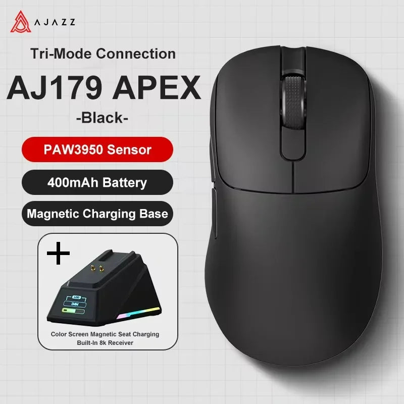 Ασύρματο Gaming Ποντίκι Ajazz AJ179 APEX με Βάση Έγχρωμης Οθόνης, Bluetooth, PAW3395, Μπαταρία 400mAh, Ρυθμός Ανανέωσης 8000Hz