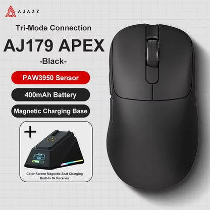 Ασύρματο Gaming Ποντίκι Ajazz AJ179 APEX με Βάση Έγχρωμης Οθόνης, Bluetooth, PAW3395, Μπαταρία 400mAh, Ρυθμός Ανανέωσης 8000Hz