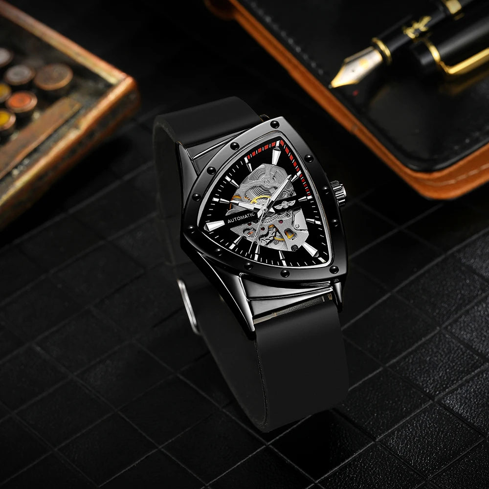Montre automatique pour homme WINNER, design squelette triangulaire, aiguilles luminescentes, bracelet en caoutchouc, style militaire, montre mécanique de luxe