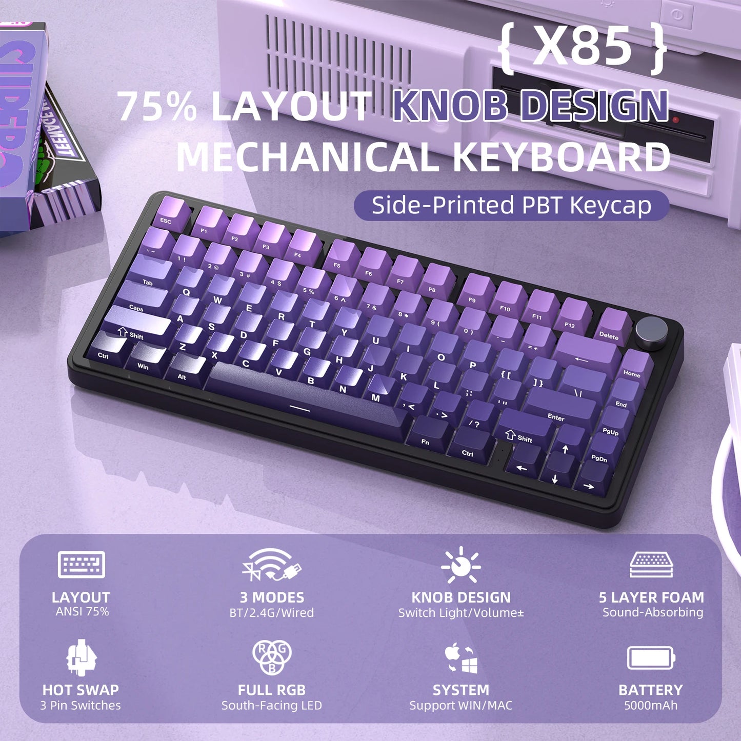 Teclado mecánico ATTACK SHARK X85 Tri-mode Gasket 75% con perilla CNC, acolchado de 5 capas, hot-swappable, retroiluminación RGB y NKRO