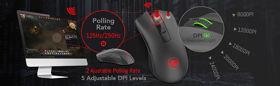 Redragon M652 Optical 2.4G Wireless Mouse with USB Receiver, Portable Gaming & Office Mice, 5 Adjustable DPI Levels