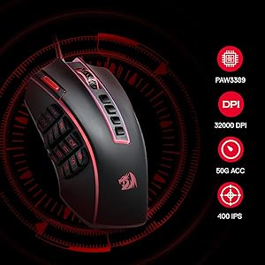 Rato Gaming MMO Redragon M990, 32000 DPI, rato gamer RGB com fios de alta precisão c/23 botões programáveis, 16 teclas macro laterais
